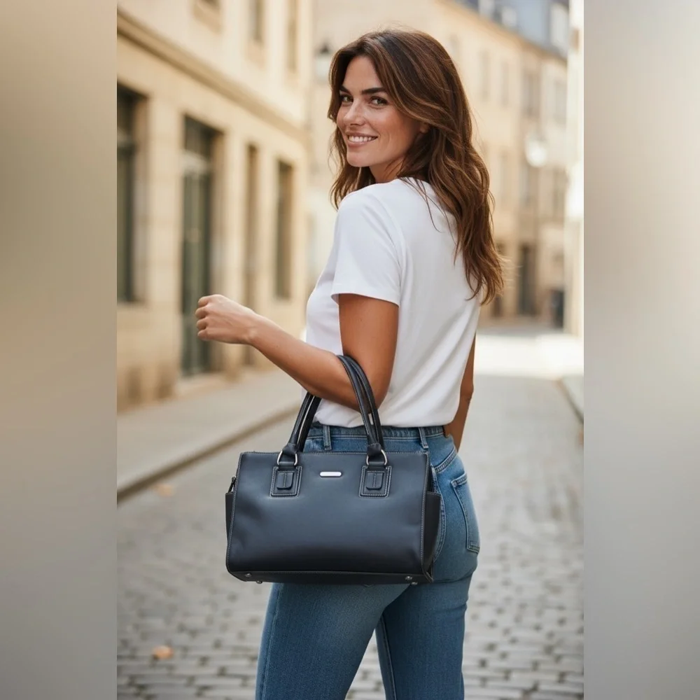 Vintage Chic Navy Faux Leather Satchel with Lots of Storage and Silver Accents
